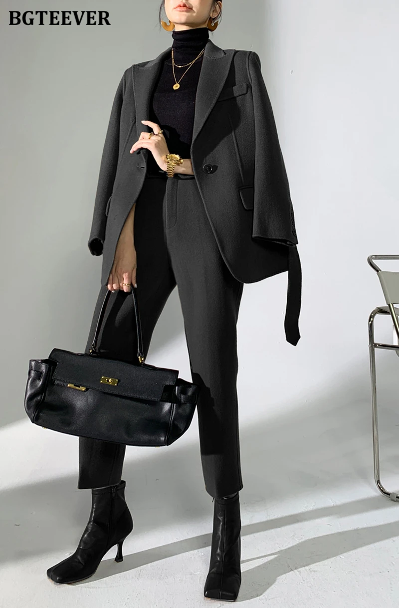 BGTEEVER Autumn Winter Woolen Pant Suits Women Thick Belted Jackets Ladies Wool Pants Warm Trousers Set Female