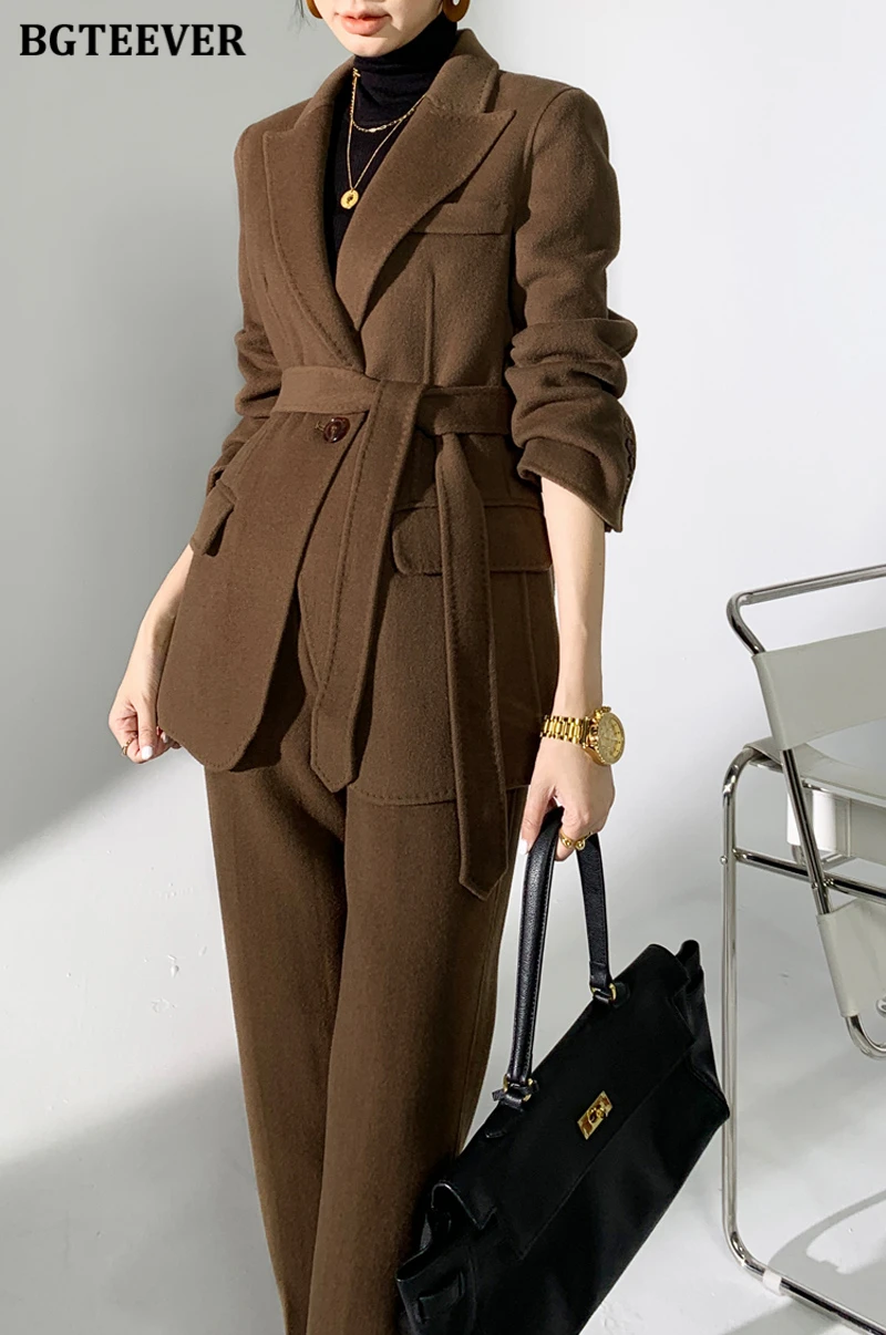 BGTEEVER Autumn Winter Woolen Pant Suits Women Thick Belted Jackets Ladies Wool Pants Warm Trousers Set Female