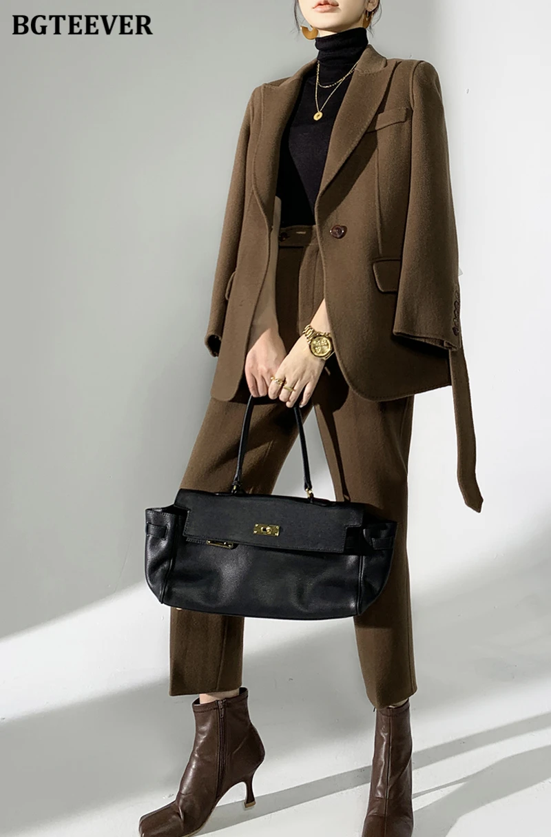 BGTEEVER Autumn Winter Woolen Pant Suits Women Thick Belted Jackets Ladies Wool Pants Warm Trousers Set Female