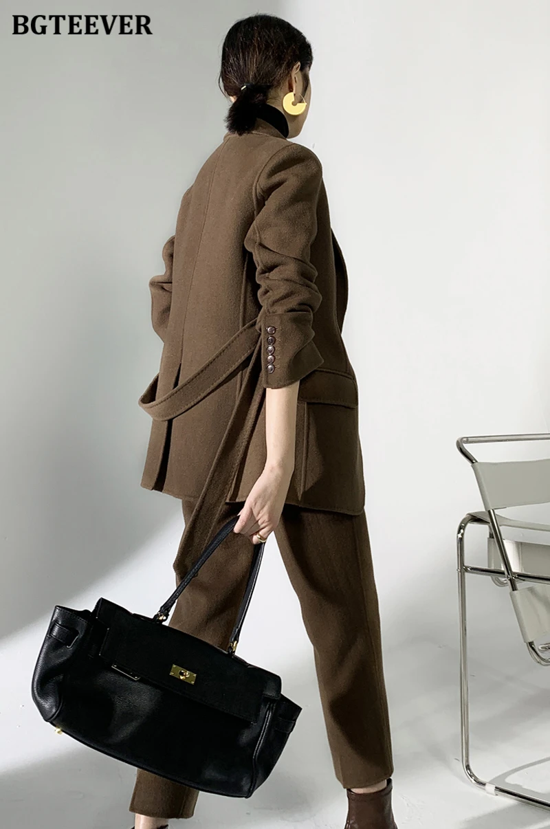 BGTEEVER Autumn Winter Woolen Pant Suits Women Thick Belted Jackets Ladies Wool Pants Warm Trousers Set Female