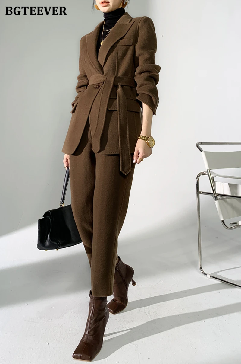 BGTEEVER Autumn Winter Woolen Pant Suits Women Thick Belted Jackets Ladies Wool Pants Warm Trousers Set Female