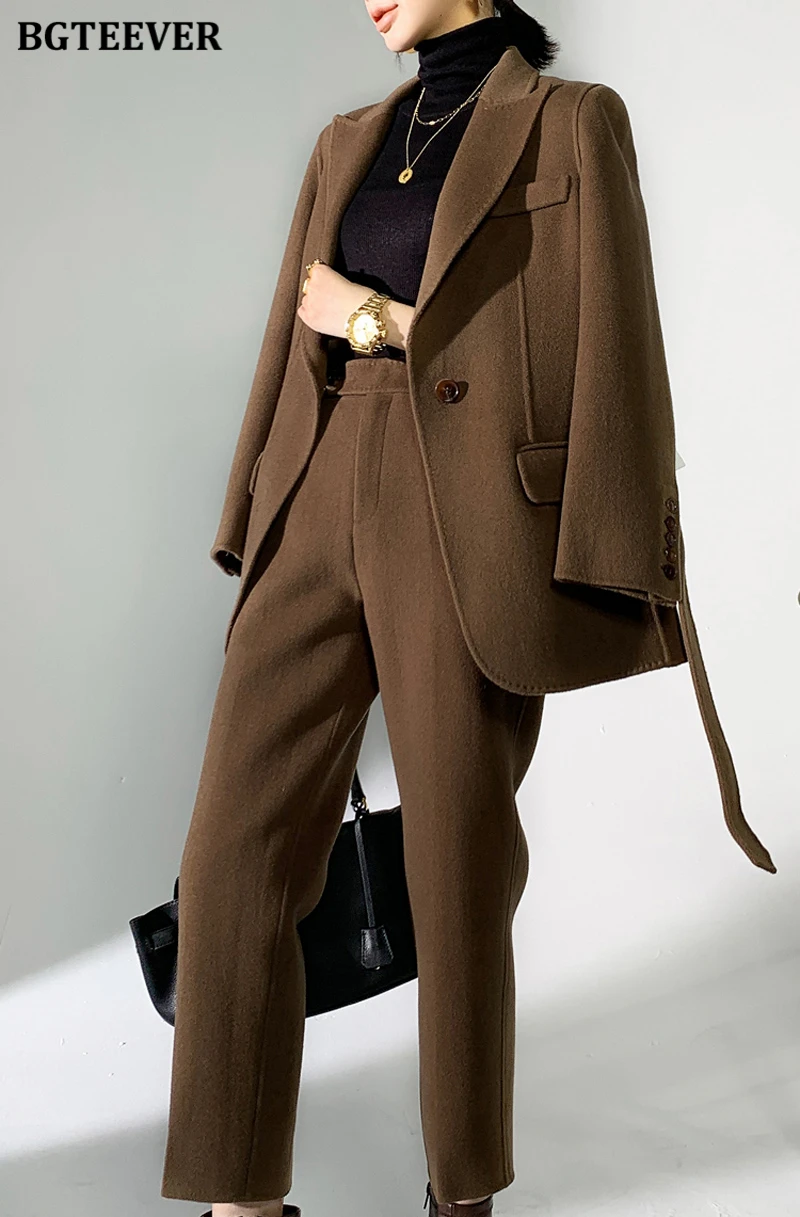 BGTEEVER Autumn Winter Woolen Pant Suits Women Thick Belted Jackets Ladies Wool Pants Warm Trousers Set Female
