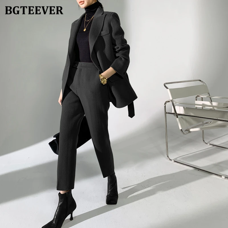 BGTEEVER Autumn Winter Woolen Pant Suits Women Thick Belted Jackets Ladies Wool Pants Warm Trousers Set Female
