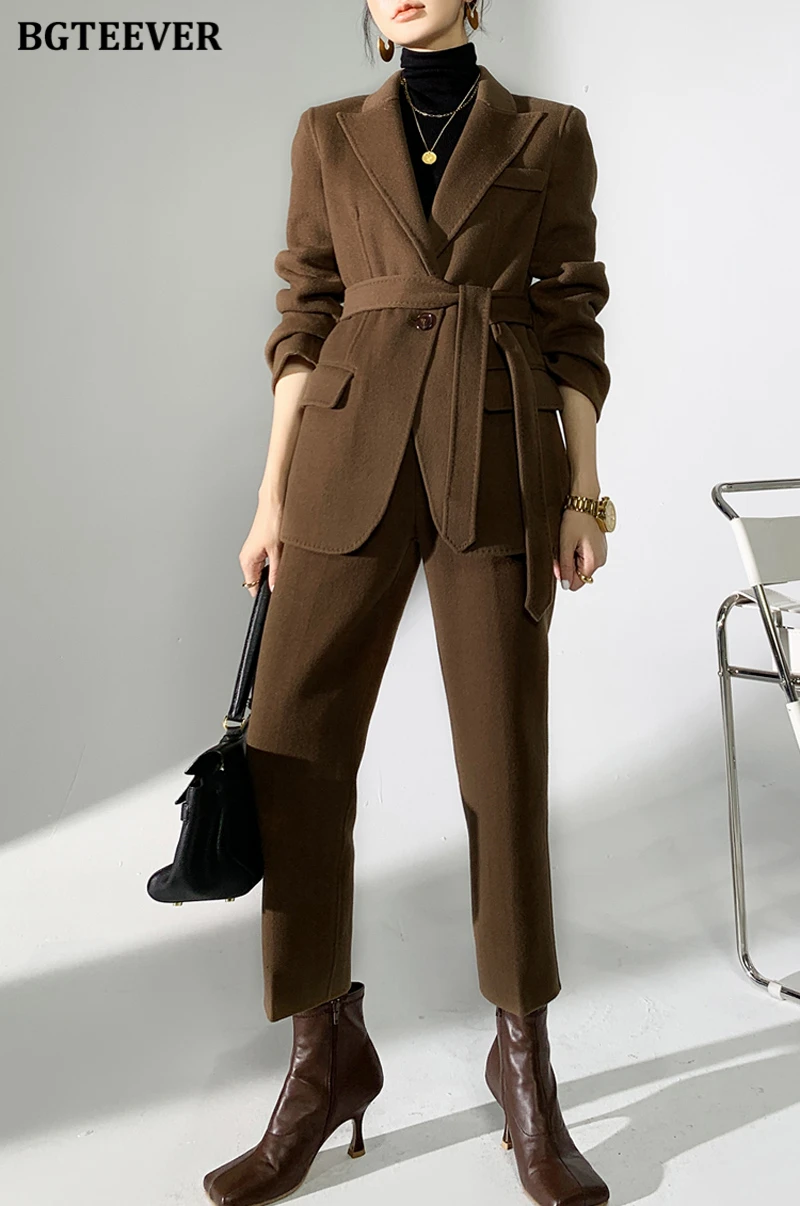 BGTEEVER Autumn Winter Woolen Pant Suits Women Thick Belted Jackets Ladies Wool Pants Warm Trousers Set Female