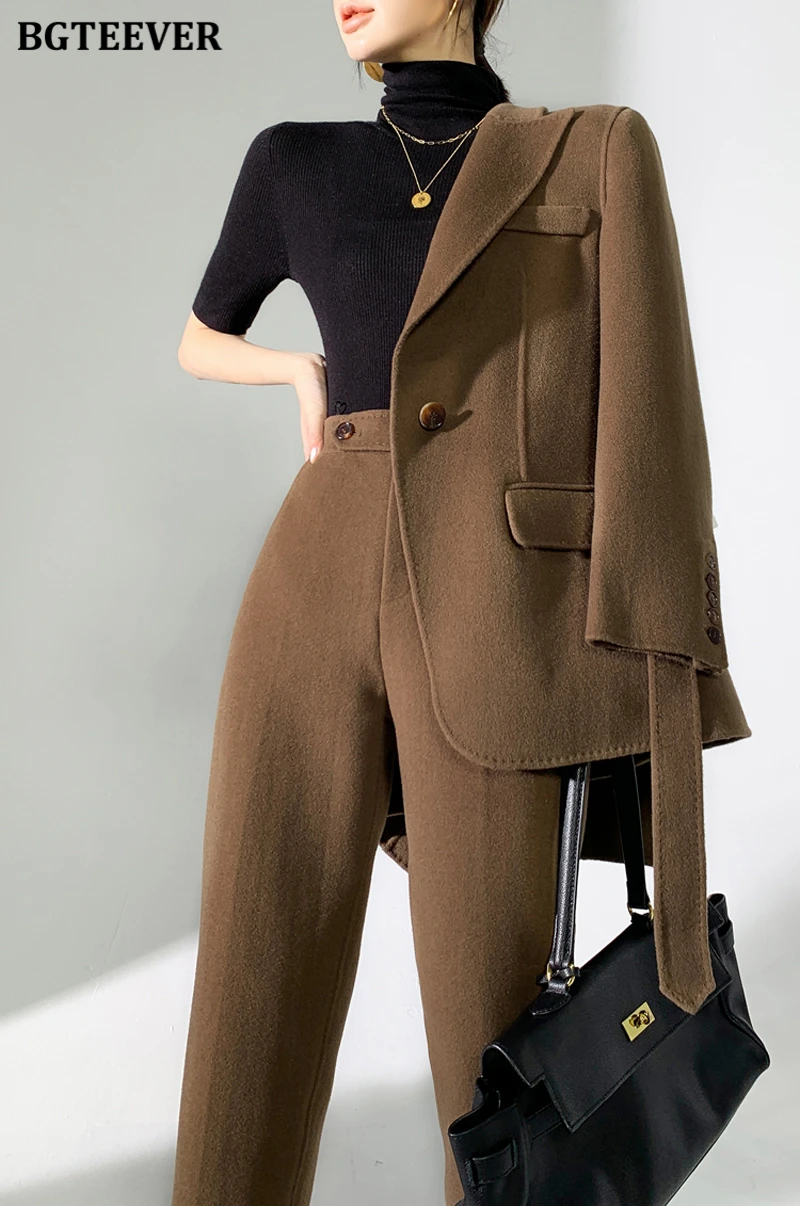 BGTEEVER Autumn Winter Woolen Pant Suits Women Thick Belted Jackets Ladies Wool Pants Warm Trousers Set Female