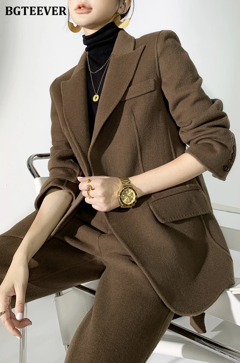 BGTEEVER Autumn Winter Woolen Pant Suits Women Thick Belted Jackets Ladies Wool Pants Warm Trousers Set Female