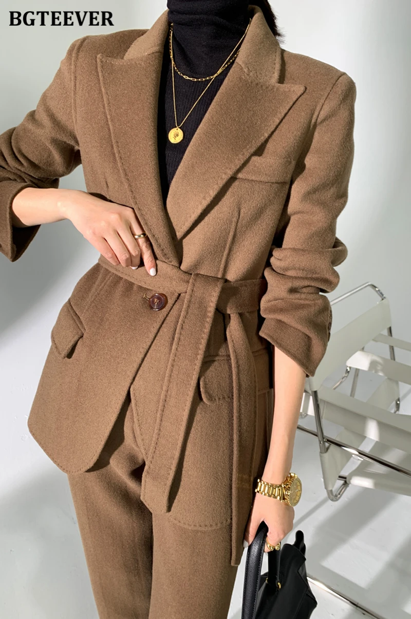 BGTEEVER Autumn Winter Woolen Pant Suits Women Thick Belted Jackets Ladies Wool Pants Warm Trousers Set Female