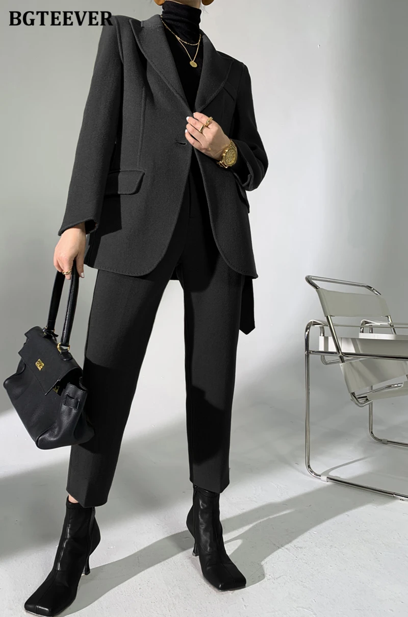 BGTEEVER Autumn Winter Woolen Pant Suits Women Thick Belted Jackets Ladies Wool Pants Warm Trousers Set Female