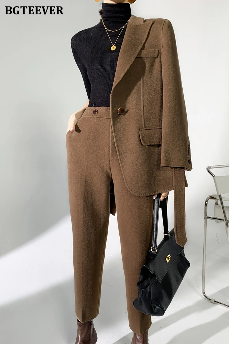 BGTEEVER Autumn Winter Woolen Pant Suits Women Thick Belted Jackets Ladies Wool Pants Warm Trousers Set Female