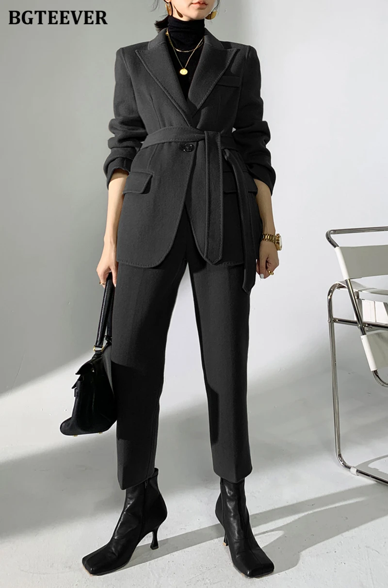 BGTEEVER Autumn Winter Woolen Pant Suits Women Thick Belted Jackets Ladies Wool Pants Warm Trousers Set Female