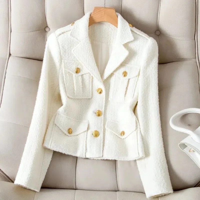 4XL Fashion White Blazer Suit collar small fragrance Jacket high-quality Coarse tweed Coat Black Wool Outerwear Woman Short