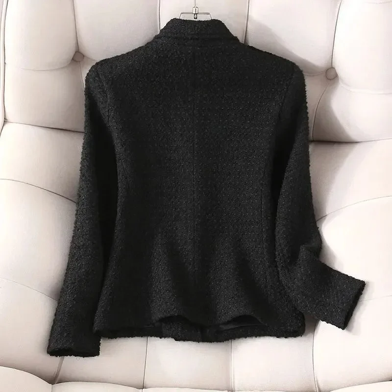 4XL Fashion White Blazer Suit collar small fragrance Jacket high-quality Coarse tweed Coat Black Wool Outerwear Woman Short