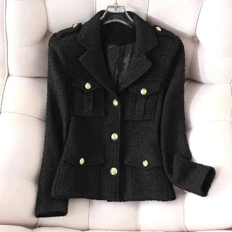 4XL Fashion White Blazer Suit collar small fragrance Jacket high-quality Coarse tweed Coat Black Wool Outerwear Woman Short