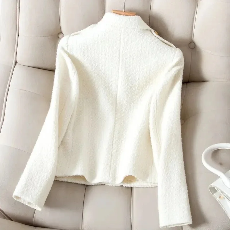 4XL Fashion White Blazer Suit collar small fragrance Jacket high-quality Coarse tweed Coat Black Wool Outerwear Woman Short