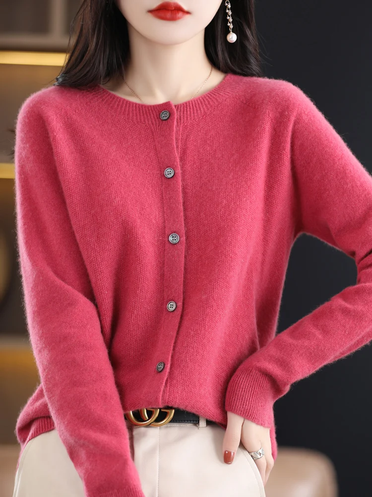 2024 Long Sleeve Cardigan New Fashion Women Sweater 100% Merino Wool Tops Jerseys O-Neck Knitwears Spring Autumn Women Clothing