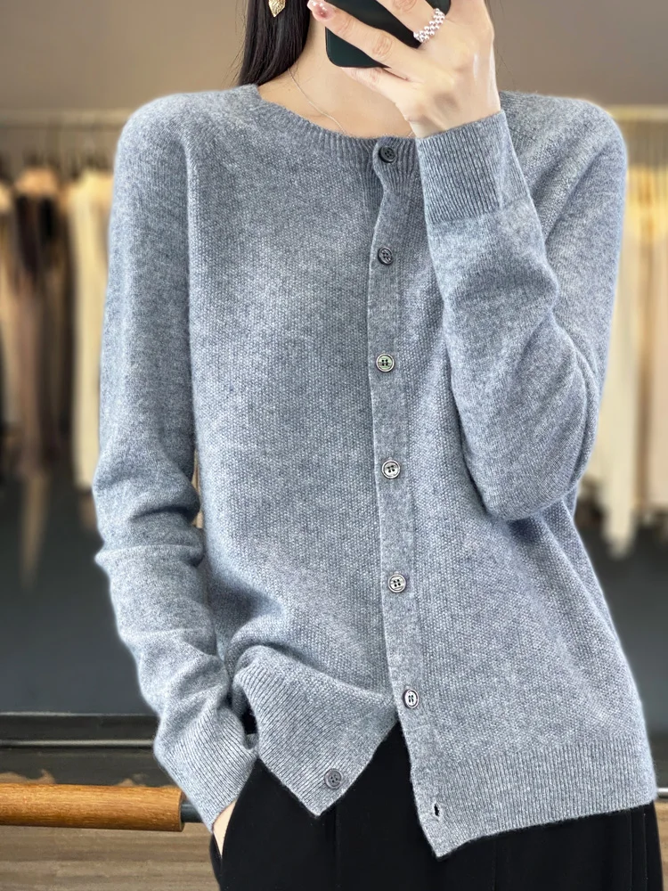 2024 Long Sleeve Cardigan New Fashion Women Sweater 100% Merino Wool Tops Jerseys O-Neck Knitwears Spring Autumn Women Clothing