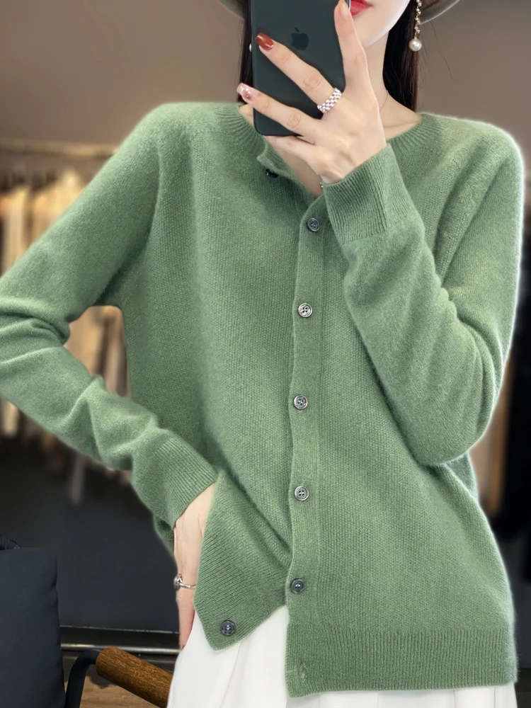 2024 Long Sleeve Cardigan New Fashion Women Sweater 100% Merino Wool Tops Jerseys O-Neck Knitwears Spring Autumn Women Clothing
