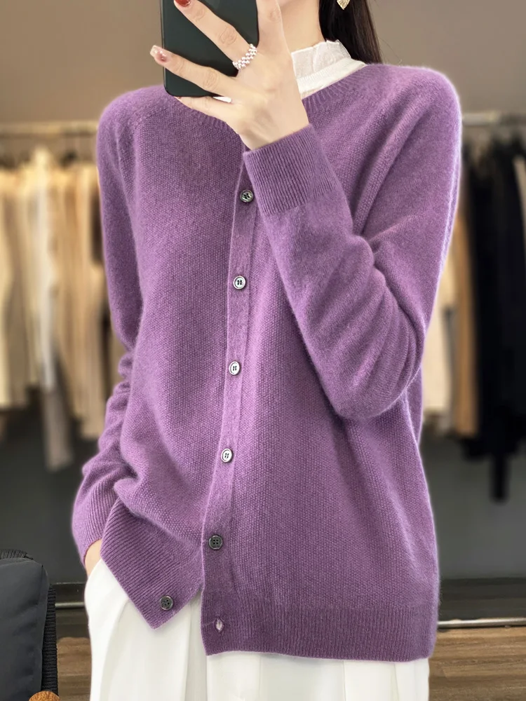 2024 Long Sleeve Cardigan New Fashion Women Sweater 100% Merino Wool Tops Jerseys O-Neck Knitwears Spring Autumn Women Clothing