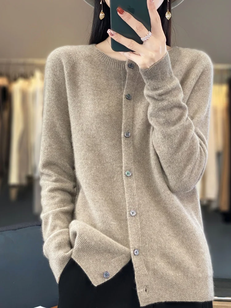 2024 Long Sleeve Cardigan New Fashion Women Sweater 100% Merino Wool Tops Jerseys O-Neck Knitwears Spring Autumn Women Clothing
