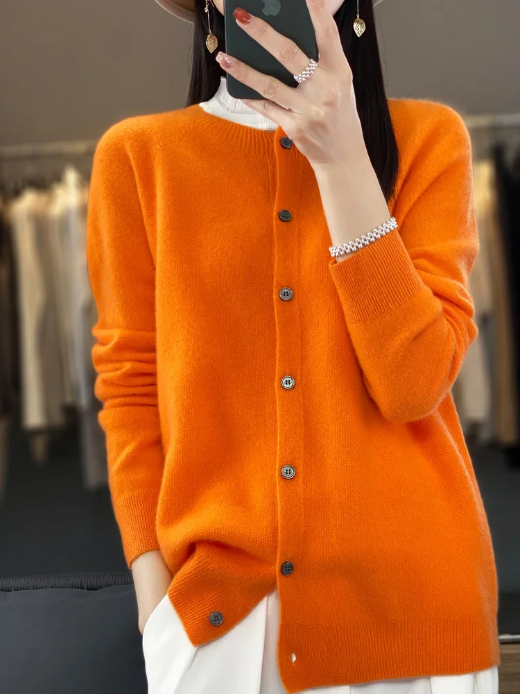 2024 Long Sleeve Cardigan New Fashion Women Sweater 100% Merino Wool Tops Jerseys O-Neck Knitwears Spring Autumn Women Clothing