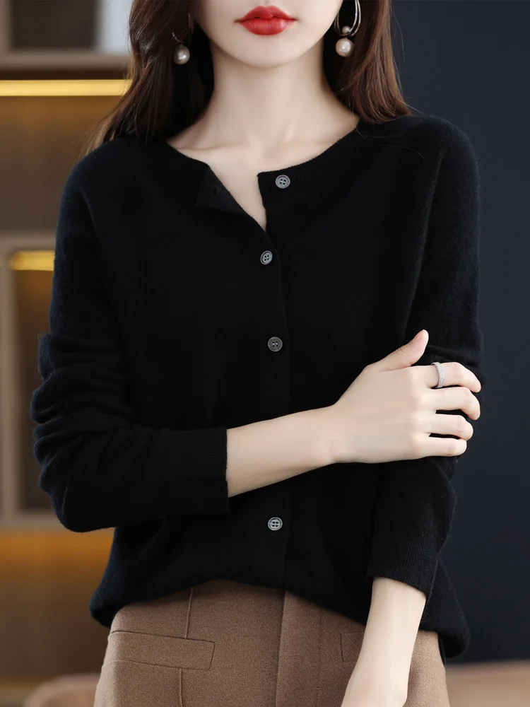 2024 Long Sleeve Cardigan New Fashion Women Sweater 100% Merino Wool Tops Jerseys O-Neck Knitwears Spring Autumn Women Clothing