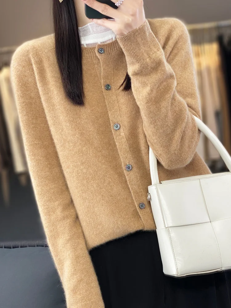 2024 Long Sleeve Cardigan New Fashion Women Sweater 100% Merino Wool Tops Jerseys O-Neck Knitwears Spring Autumn Women Clothing