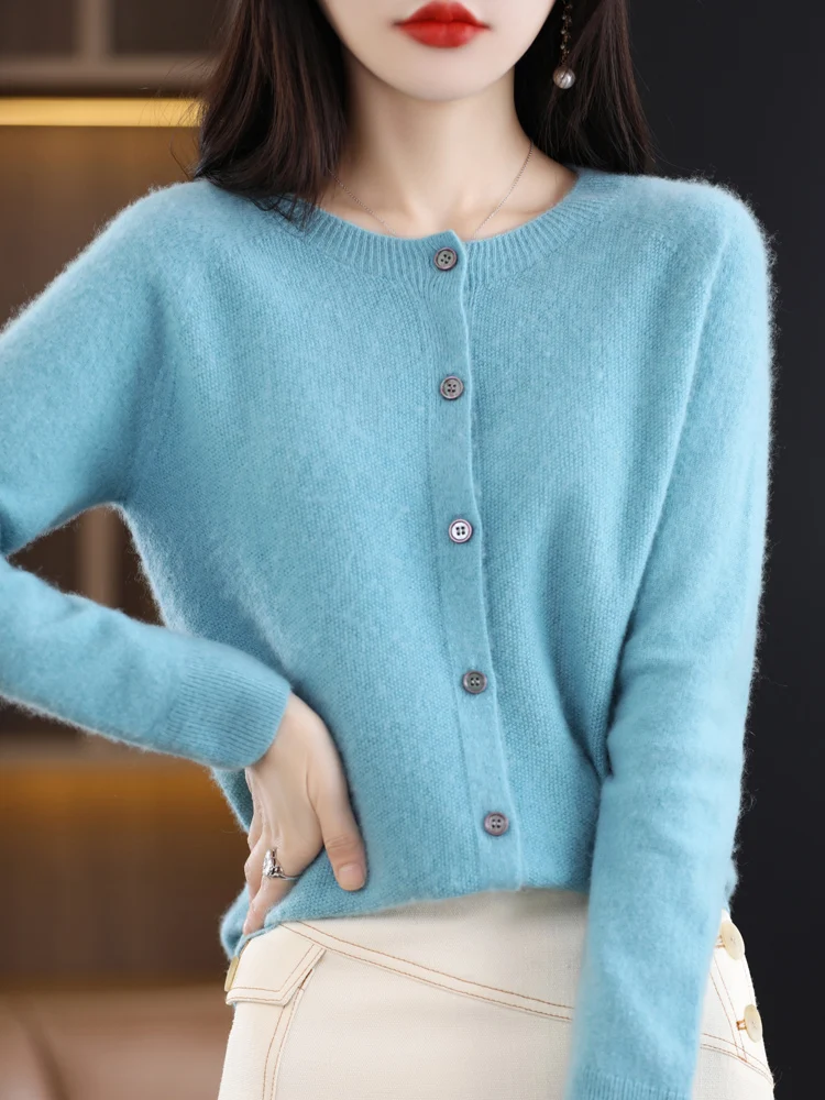 2024 Long Sleeve Cardigan New Fashion Women Sweater 100% Merino Wool Tops Jerseys O-Neck Knitwears Spring Autumn Women Clothing