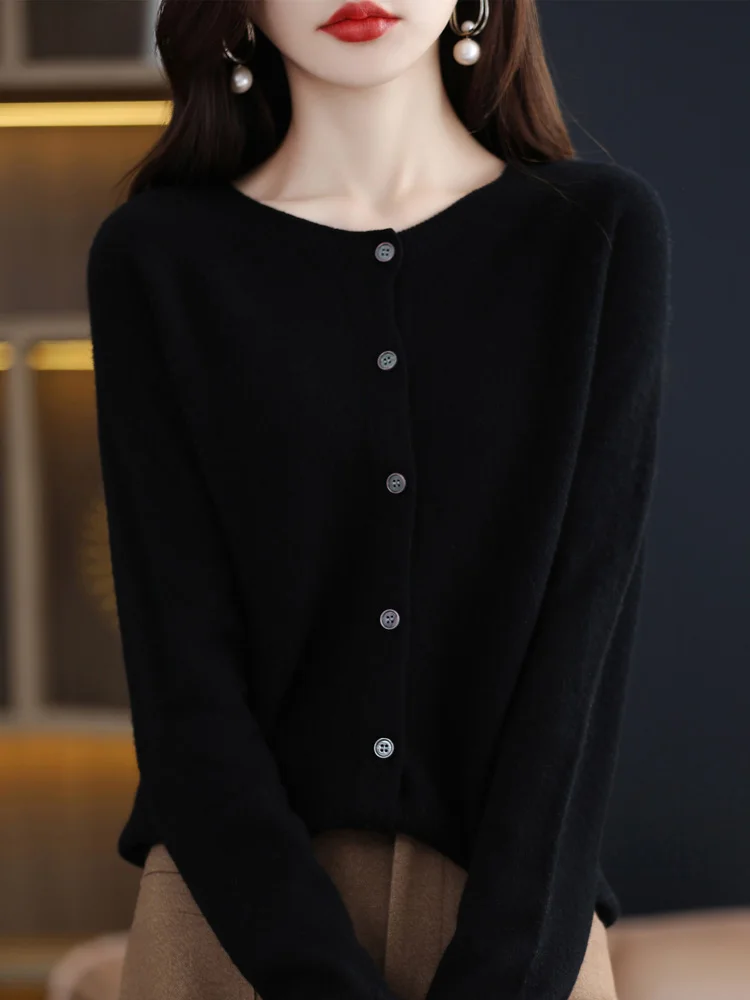 2024 Long Sleeve Cardigan New Fashion Women Sweater 100% Merino Wool Tops Jerseys O-Neck Knitwears Spring Autumn Women Clothing