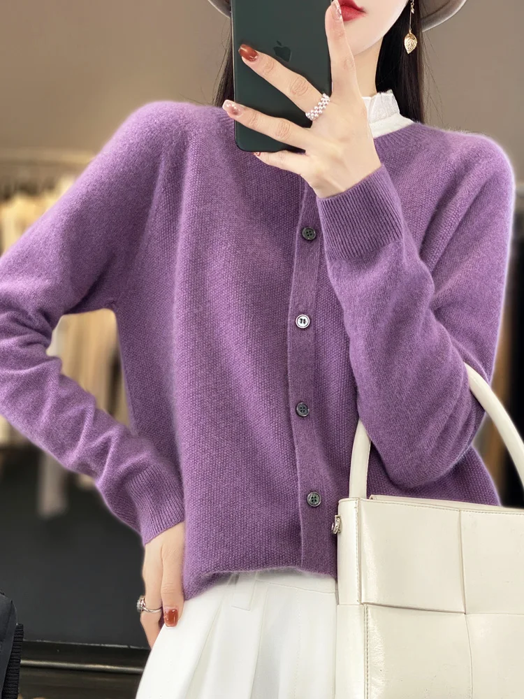 2024 Long Sleeve Cardigan New Fashion Women Sweater 100% Merino Wool Tops Jerseys O-Neck Knitwears Spring Autumn Women Clothing
