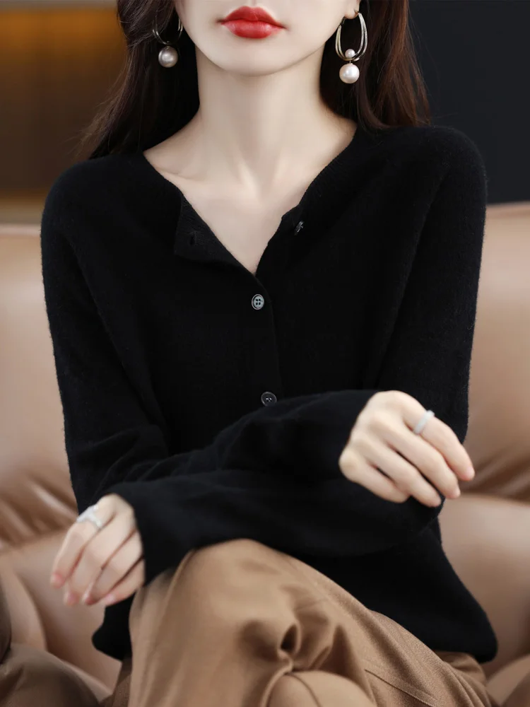 2024 Long Sleeve Cardigan New Fashion Women Sweater 100% Merino Wool Tops Jerseys O-Neck Knitwears Spring Autumn Women Clothing