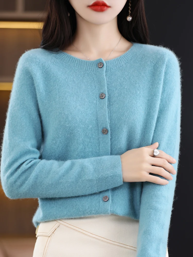 2024 Long Sleeve Cardigan New Fashion Women Sweater 100% Merino Wool Tops Jerseys O-Neck Knitwears Spring Autumn Women Clothing