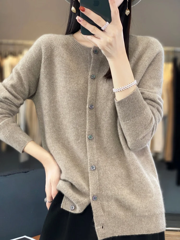 2024 Long Sleeve Cardigan New Fashion Women Sweater 100% Merino Wool Tops Jerseys O-Neck Knitwears Spring Autumn Women Clothing