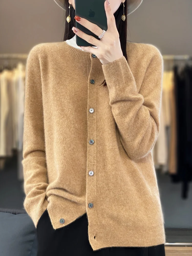2024 Long Sleeve Cardigan New Fashion Women Sweater 100% Merino Wool Tops Jerseys O-Neck Knitwears Spring Autumn Women Clothing