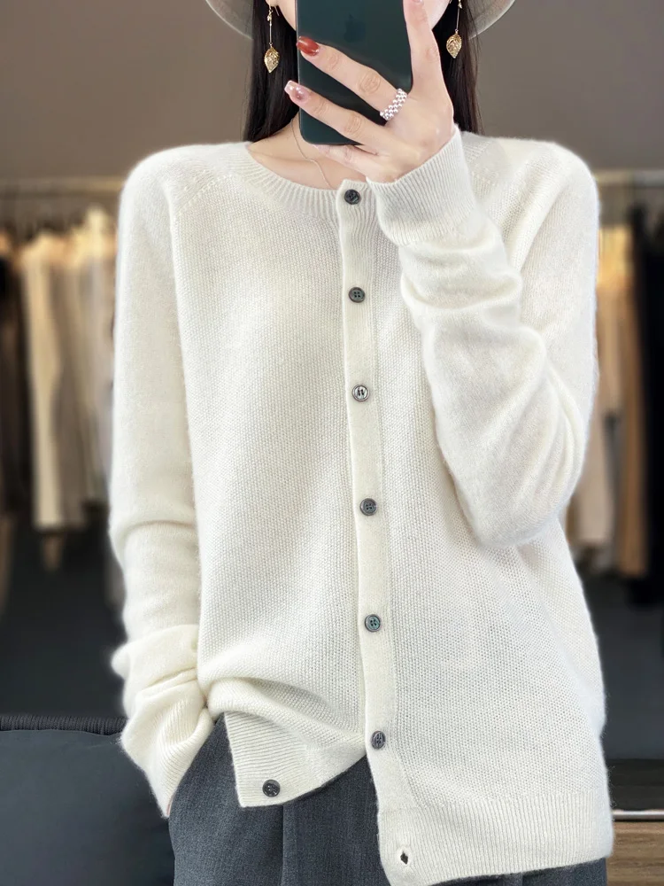 2024 Long Sleeve Cardigan New Fashion Women Sweater 100% Merino Wool Tops Jerseys O-Neck Knitwears Spring Autumn Women Clothing