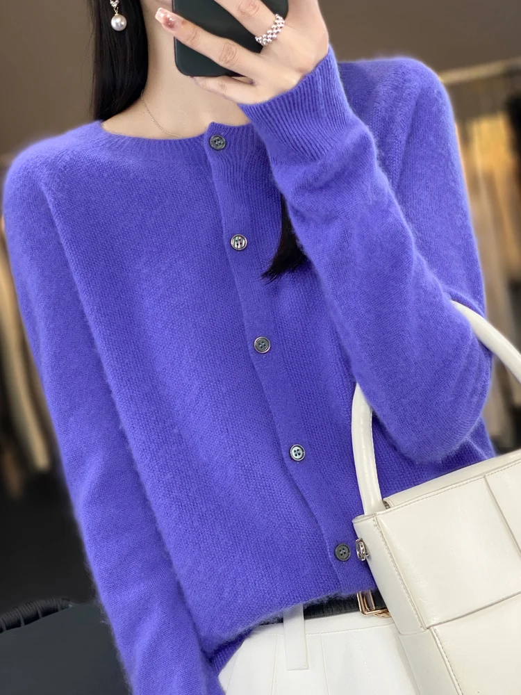 2024 Long Sleeve Cardigan New Fashion Women Sweater 100% Merino Wool Tops Jerseys O-Neck Knitwears Spring Autumn Women Clothing