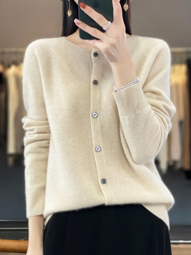 2024 Long Sleeve Cardigan New Fashion Women Sweater 100% Merino Wool Tops Jerseys O-Neck Knitwears Spring Autumn Women Clothing