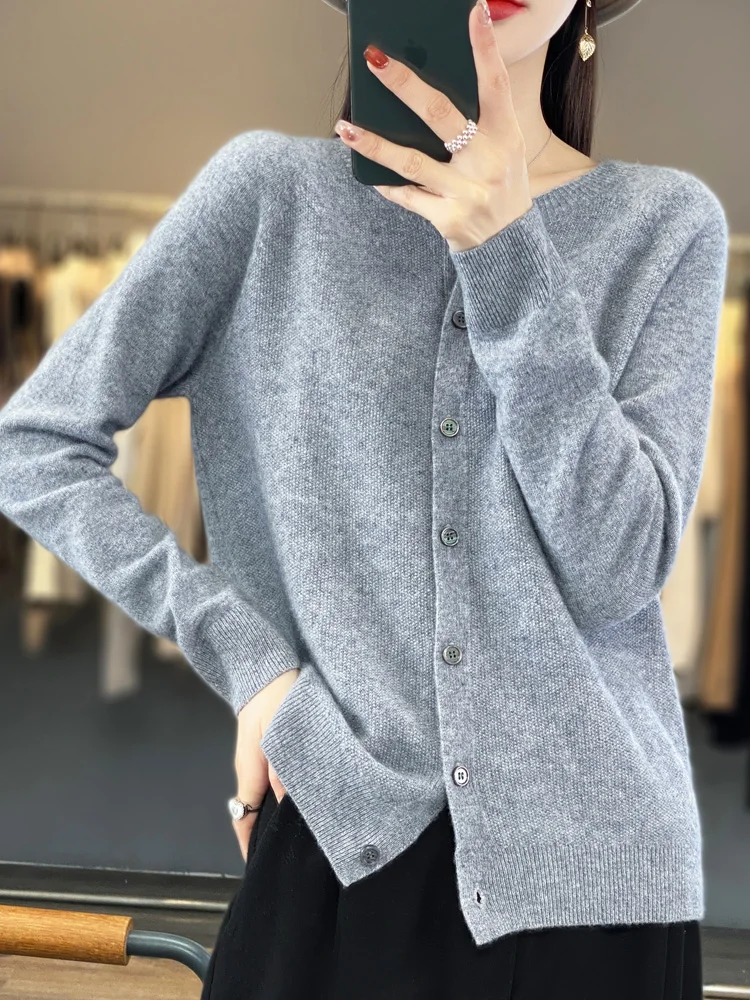 2024 Long Sleeve Cardigan New Fashion Women Sweater 100% Merino Wool Tops Jerseys O-Neck Knitwears Spring Autumn Women Clothing
