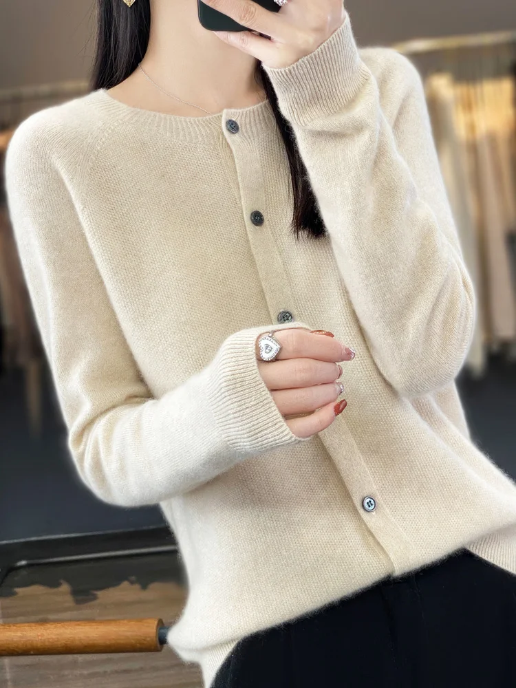 2024 Long Sleeve Cardigan New Fashion Women Sweater 100% Merino Wool Tops Jerseys O-Neck Knitwears Spring Autumn Women Clothing