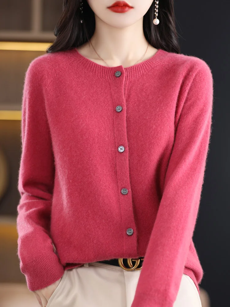 2024 Long Sleeve Cardigan New Fashion Women Sweater 100% Merino Wool Tops Jerseys O-Neck Knitwears Spring Autumn Women Clothing
