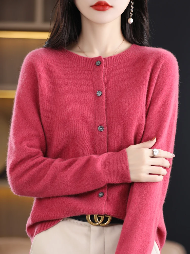 2024 Long Sleeve Cardigan New Fashion Women Sweater 100% Merino Wool Tops Jerseys O-Neck Knitwears Spring Autumn Women Clothing