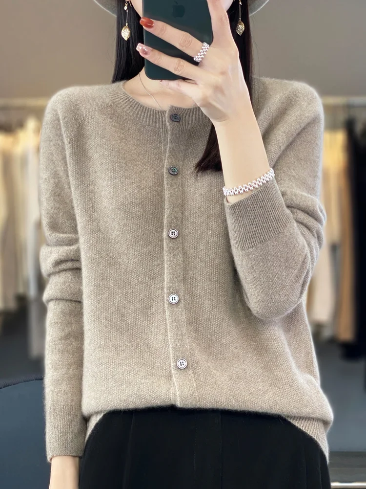 2024 Long Sleeve Cardigan New Fashion Women Sweater 100% Merino Wool Tops Jerseys O-Neck Knitwears Spring Autumn Women Clothing