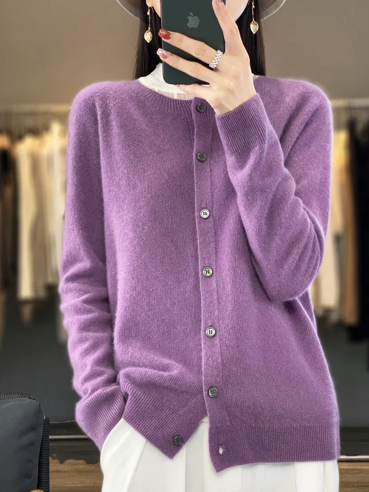2024 Long Sleeve Cardigan New Fashion Women Sweater 100% Merino Wool Tops Jerseys O-Neck Knitwears Spring Autumn Women Clothing