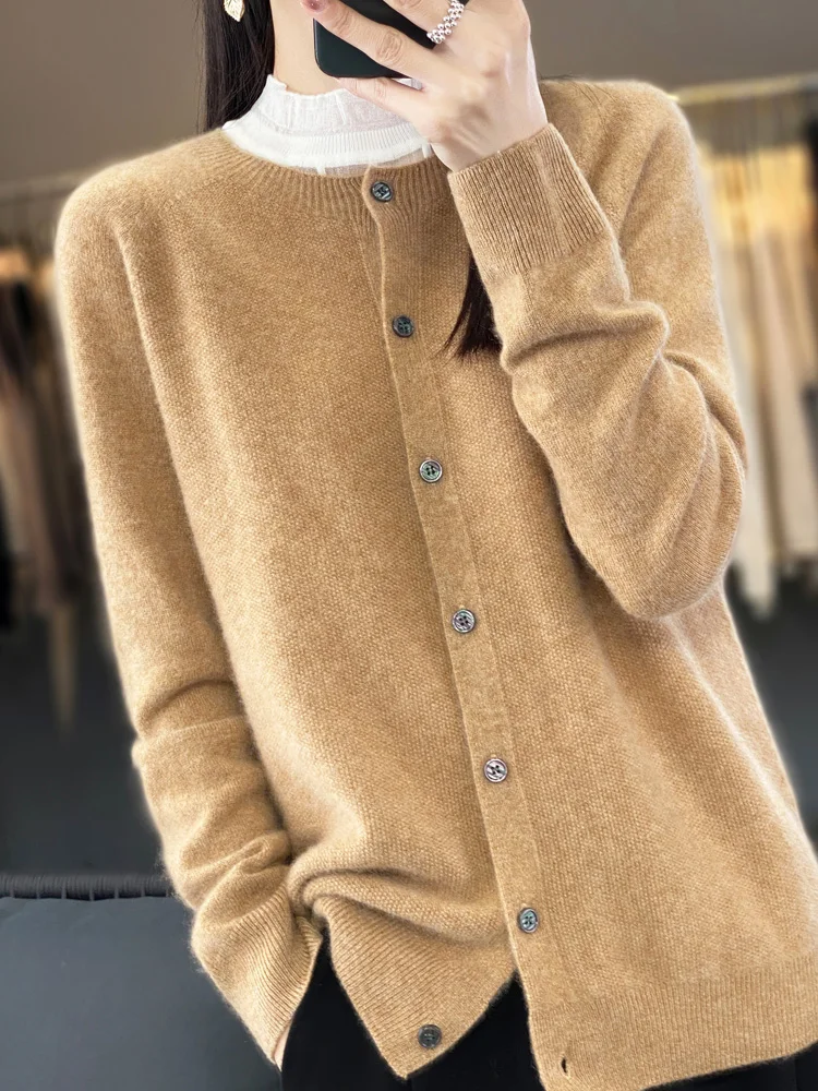 2024 Long Sleeve Cardigan New Fashion Women Sweater 100% Merino Wool Tops Jerseys O-Neck Knitwears Spring Autumn Women Clothing