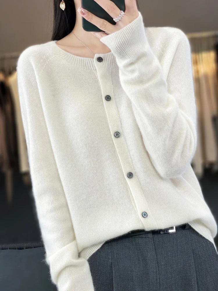 2024 Long Sleeve Cardigan New Fashion Women Sweater 100% Merino Wool Tops Jerseys O-Neck Knitwears Spring Autumn Women Clothing