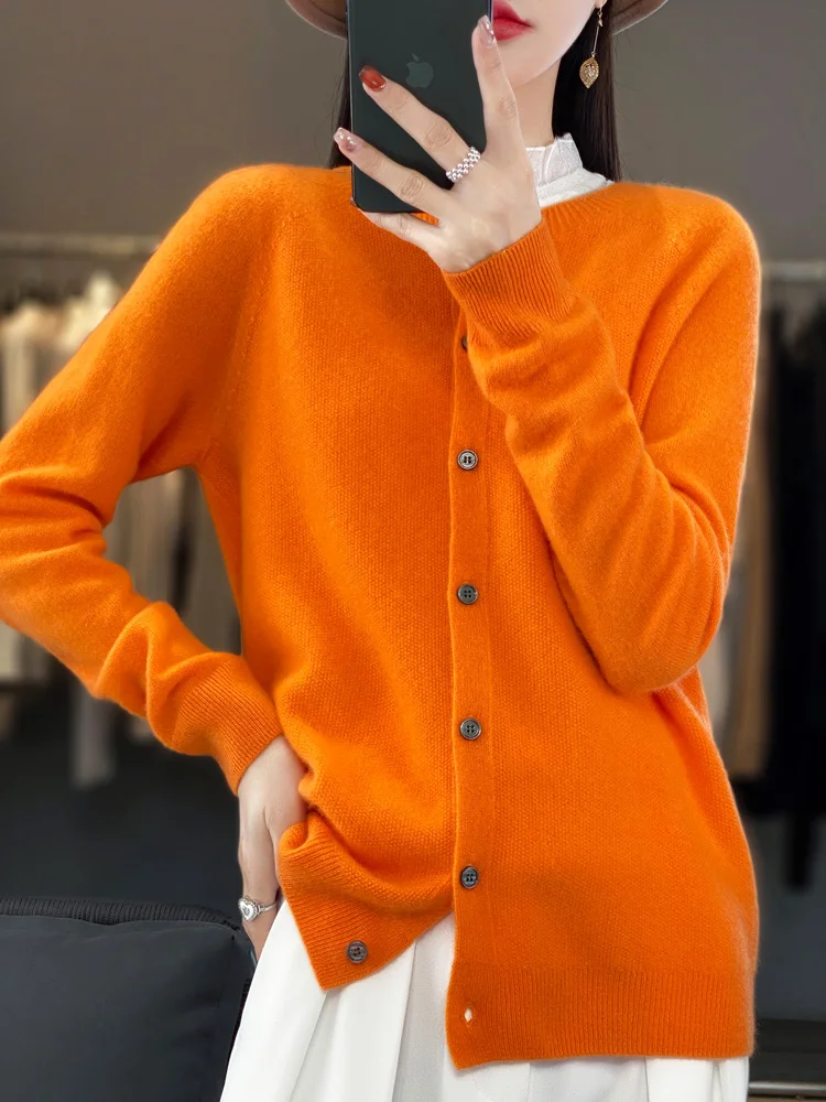 2024 Long Sleeve Cardigan New Fashion Women Sweater 100% Merino Wool Tops Jerseys O-Neck Knitwears Spring Autumn Women Clothing