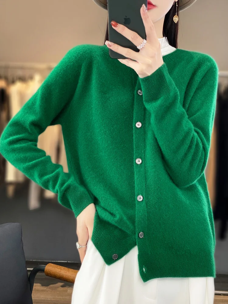 2024 Long Sleeve Cardigan New Fashion Women Sweater 100% Merino Wool Tops Jerseys O-Neck Knitwears Spring Autumn Women Clothing