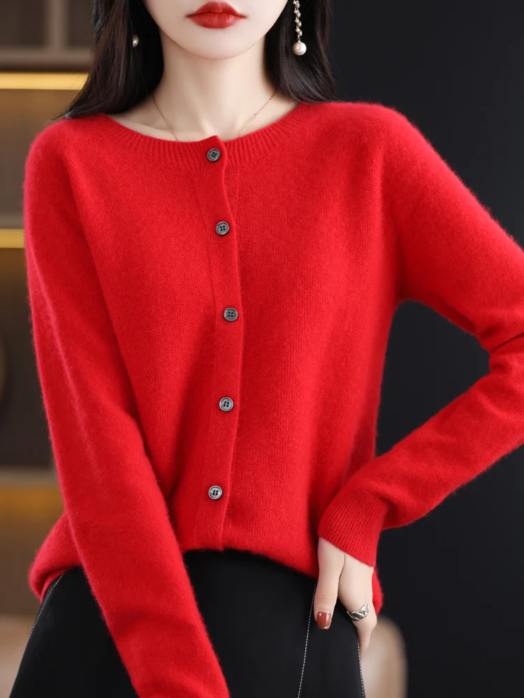 2024 Long Sleeve Cardigan New Fashion Women Sweater 100% Merino Wool Tops Jerseys O-Neck Knitwears Spring Autumn Women Clothing