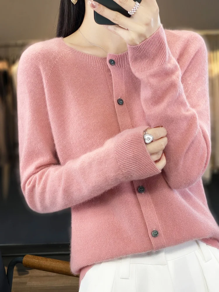 2024 Long Sleeve Cardigan New Fashion Women Sweater 100% Merino Wool Tops Jerseys O-Neck Knitwears Spring Autumn Women Clothing