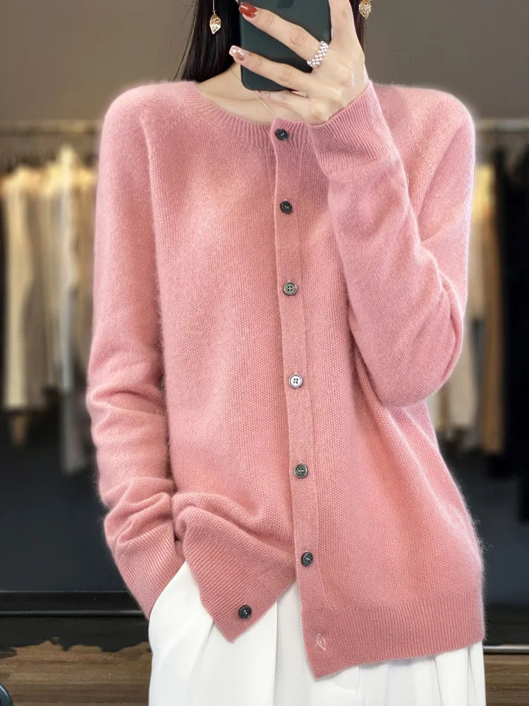 2024 Long Sleeve Cardigan New Fashion Women Sweater 100% Merino Wool Tops Jerseys O-Neck Knitwears Spring Autumn Women Clothing