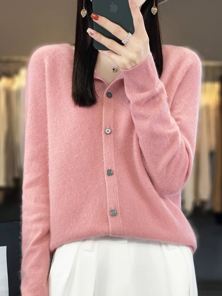 2024 Long Sleeve Cardigan New Fashion Women Sweater 100% Merino Wool Tops Jerseys O-Neck Knitwears Spring Autumn Women Clothing